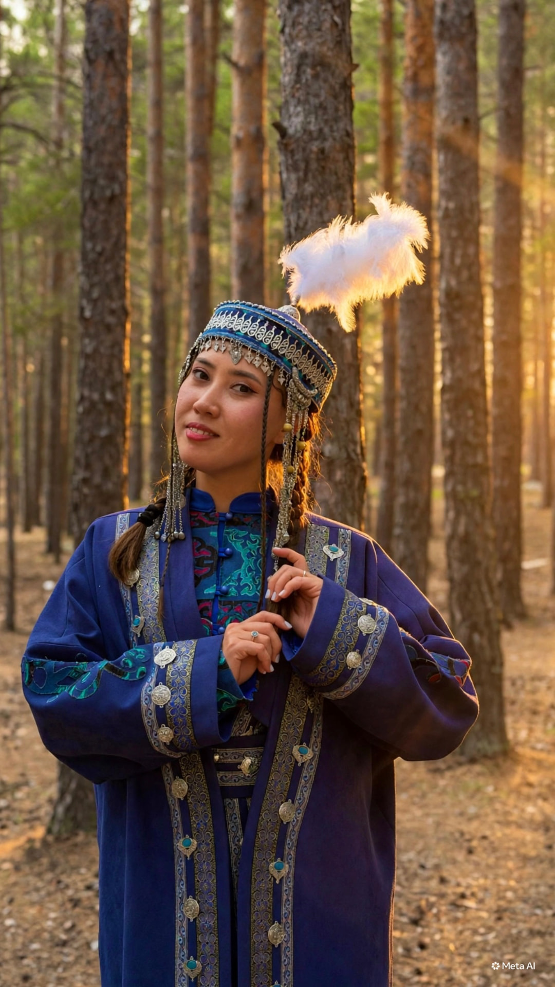 Balnur Baltabayeva in traditional blue dress with an embroidered feathered cap, standing in a pine forest