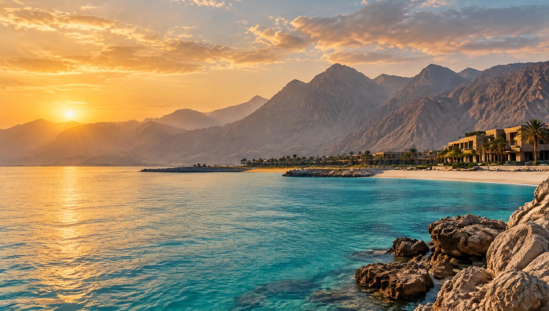 Ras Al Khaimah coastline and Hajar mountains at sunset
